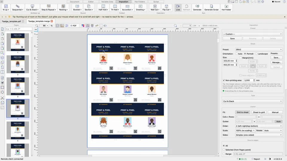 300 Konferenz-Namensschilder aus einer Excel-Tabelle — Fotos, QR-Codes, Cut & Stack und Hotfolder