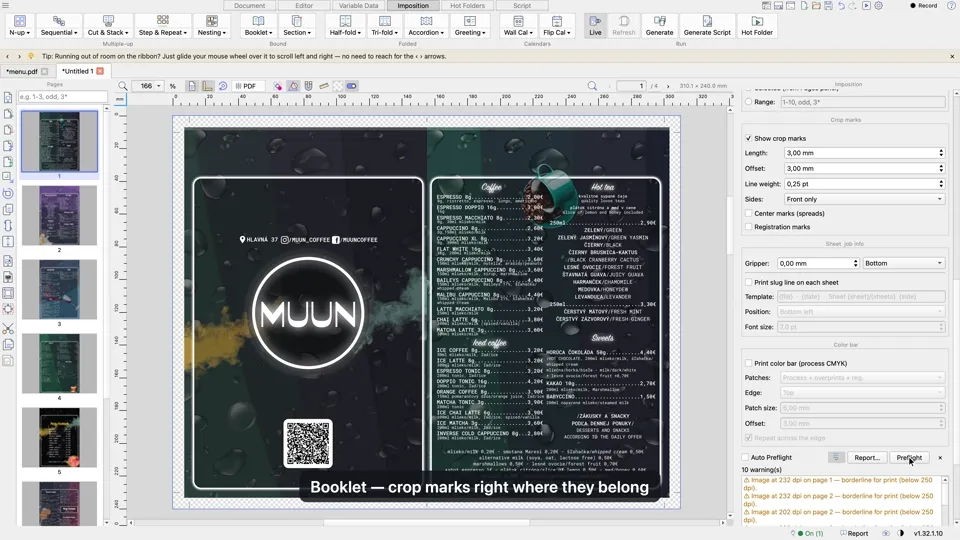 PDF-Speisekarte vom Grafiker druckfertig machen — falsche Seitenboxen, versteckte Schnittmarken, Fotos in zu niedriger Auflösung, dann eine Broschüre